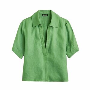 J. Crew Bungalow Popover Green Linen Split V-Neck Short Sleeve Top